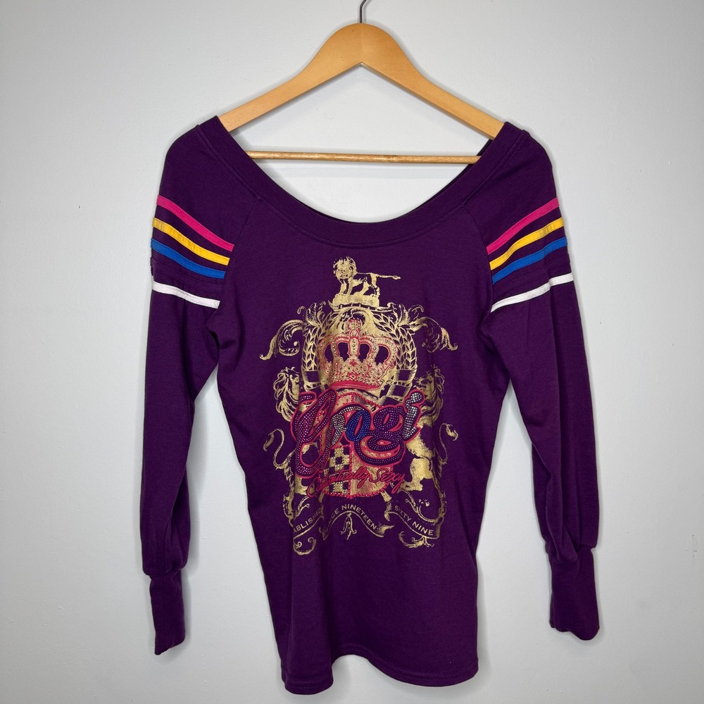 Coogi Womens Purple Graphic Sweatshirt Y2K Gold Foil Rhinestone Scoop Neck Med